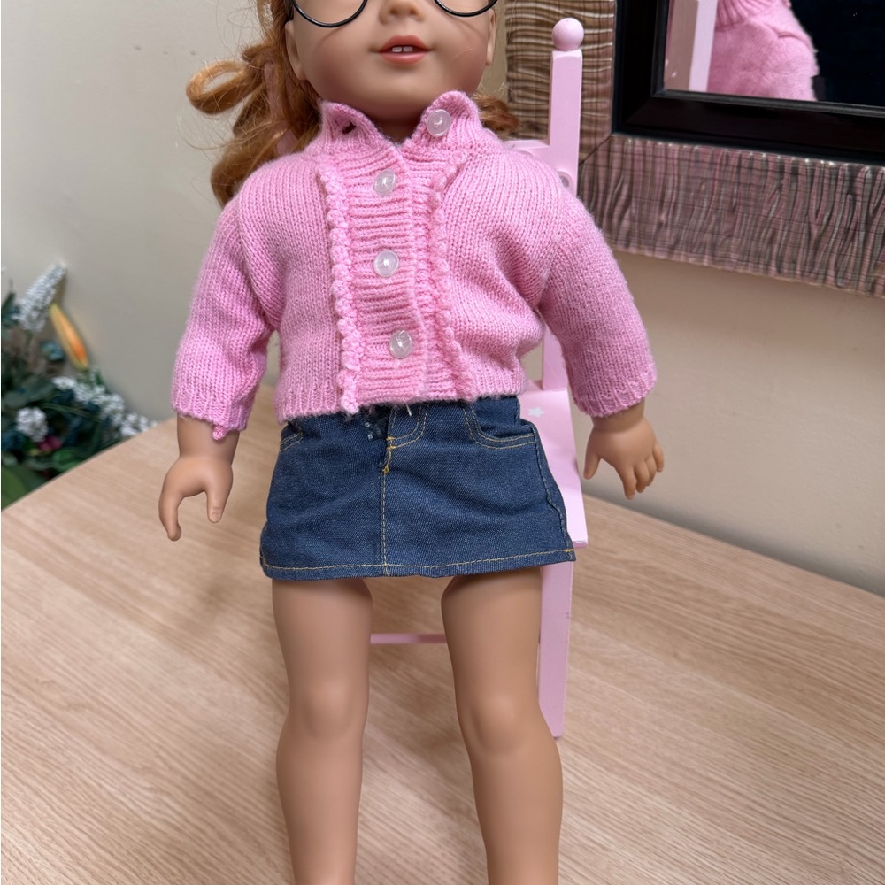 American Girl Doll in Pink Cardigan and denim Skirt